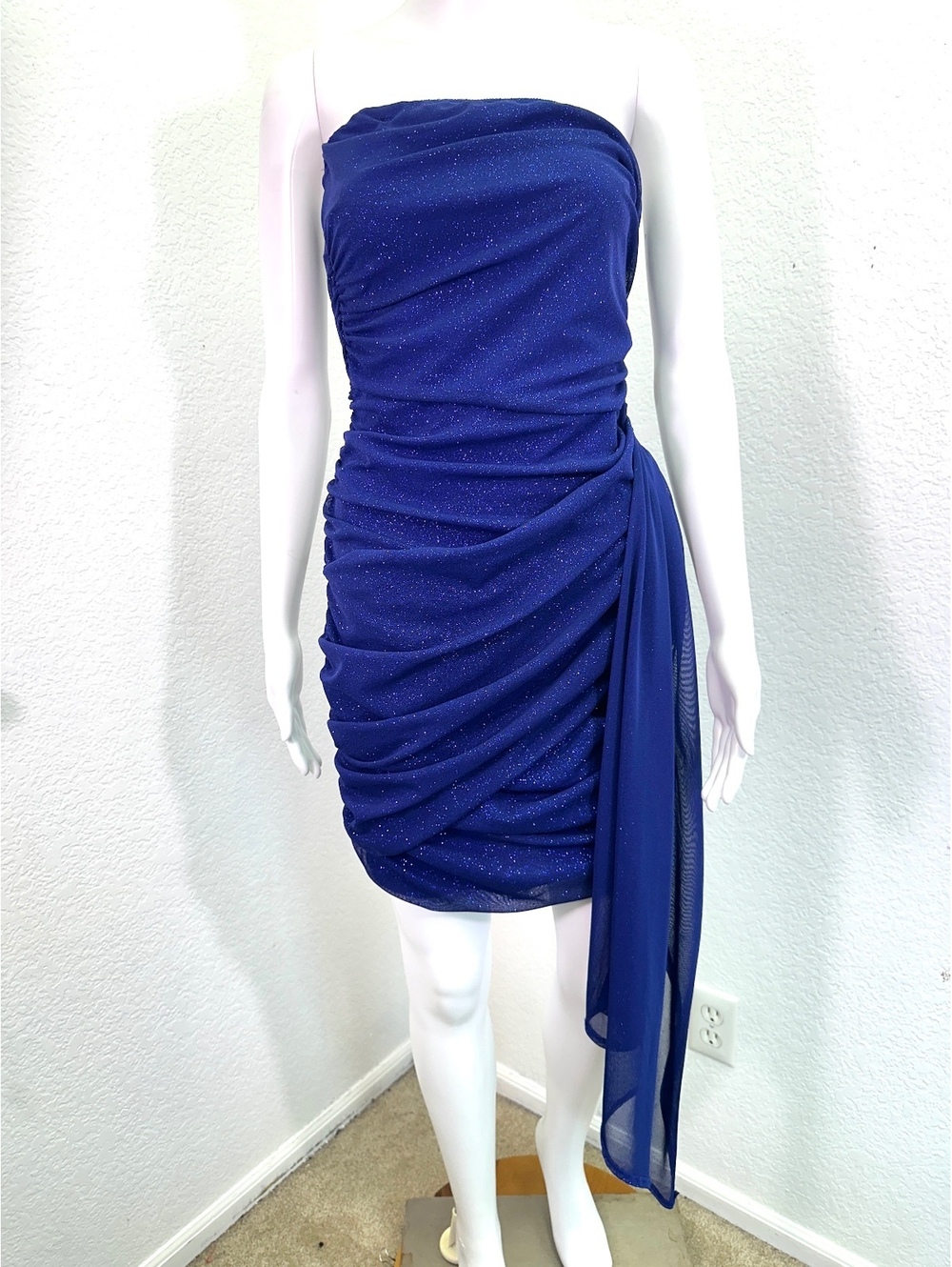 Women’s Sz L Windsor Blue Glitter Sparkly Ruched Mini Prom Dress Strapless